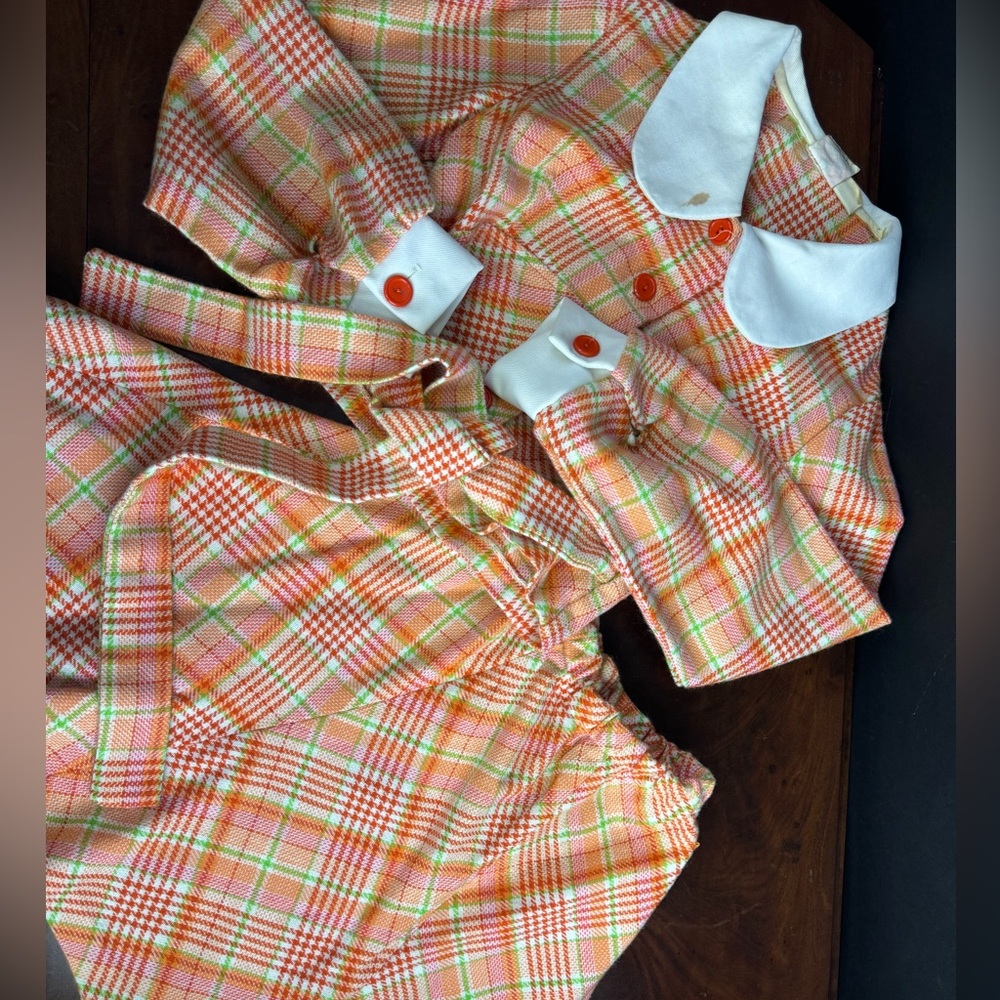 1960s Vintage Orange Plaid Two-Piece Set, top and skirt.